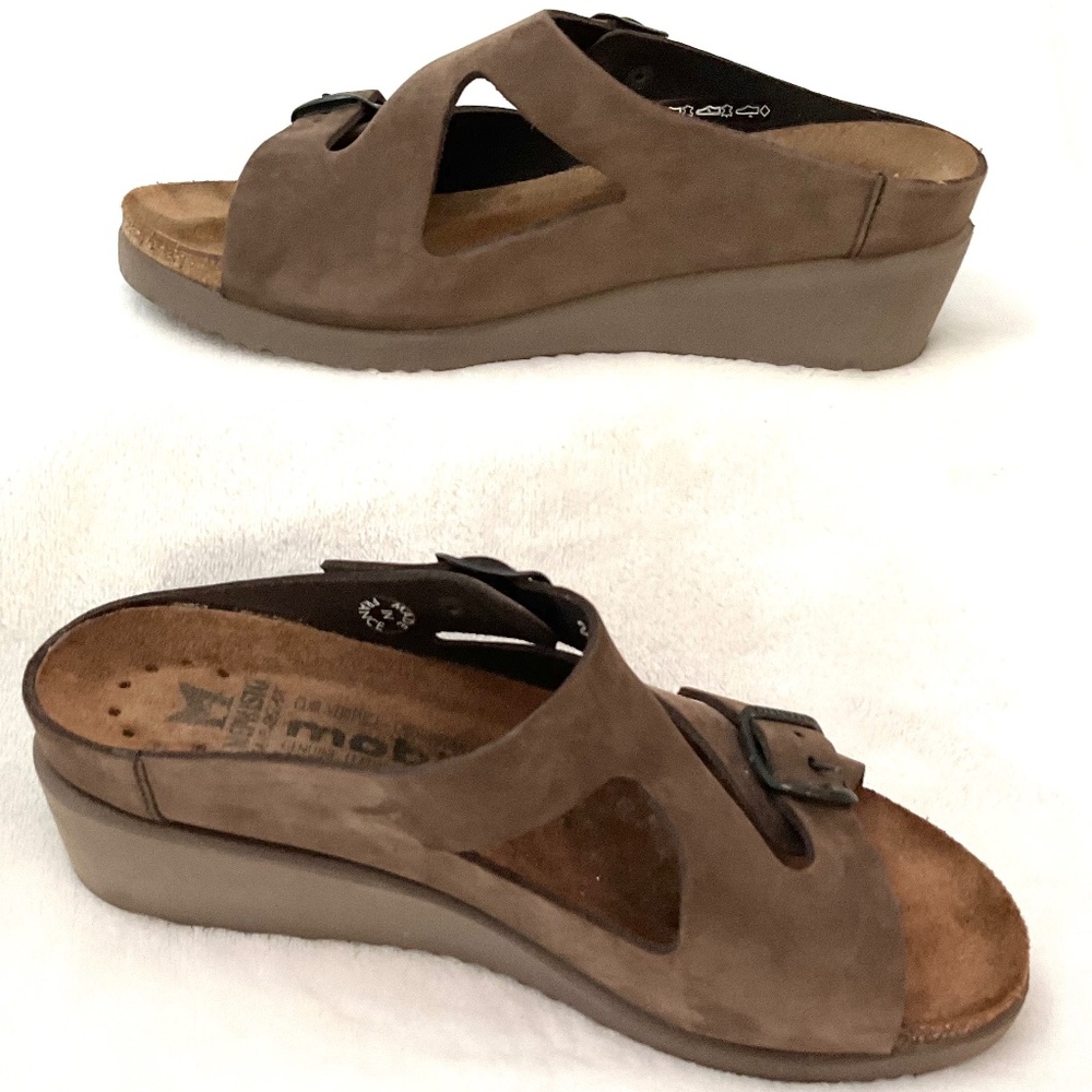Mephisto Brown Nubuck Leather Terie Wedge Double Buckle Strap Slip on Sz 7/37 - Picture 2 of 16